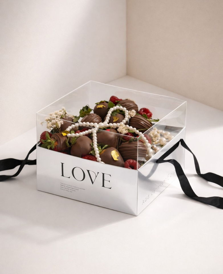 Decorative box with chocolate-covered strawberries and pearls on a white surface